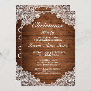 Invitation Joyeux Noël en bois rustique et dentelle blanche