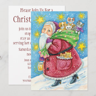 Invitation Joyeux Noël, le Père Noël avec des chatons et des