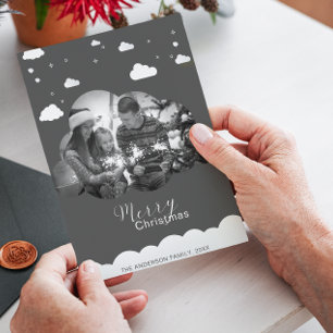 Invitation Joyeux Noël moderne gris, nuage photo Holliday