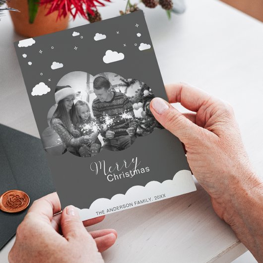 Invitation Joyeux Noël moderne gris, nuage photo Holliday