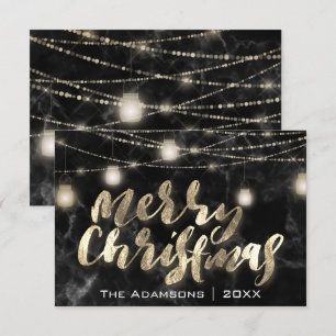 Invitation Joyeux Noël Nom Lumières Marbre Black Gold