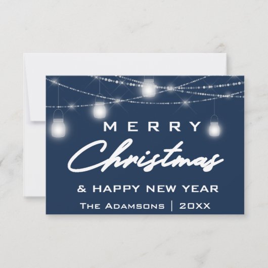Invitation Joyeux Noël Nom Photo Lumières Bleu Marine (Devant)