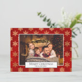Invitation Joyeux Noël Photo Collage Red Gold Snowflakes (Debout devant)