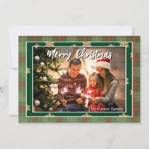 Invitation Joyeux Noël Photo de famille Plaid vert rouge