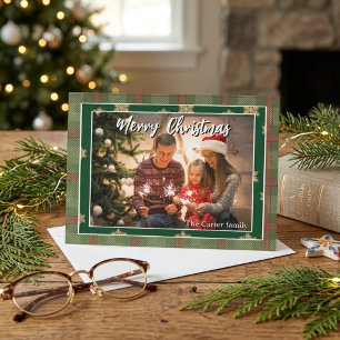 Invitation Joyeux Noël Photo de famille Plaid vert rouge
