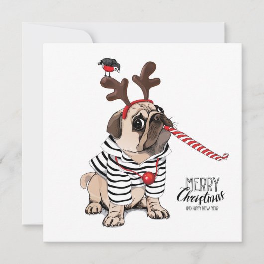 Invitation Joyeux Noël | Reindeer Pug (Devant)