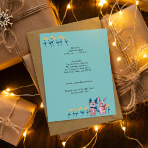 Invitation Joyeux Noël – Renne et lapin sur fond sarcelle