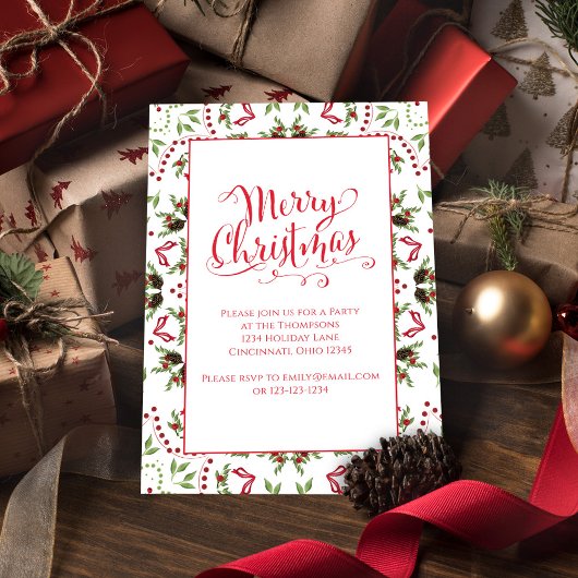 Invitation Joyeux Noël Rouge Vert Pinecone Parti QR Code