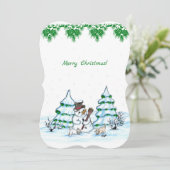 Invitation Joyeux Noël ! Snowman avec chat et chiot (Debout devant)