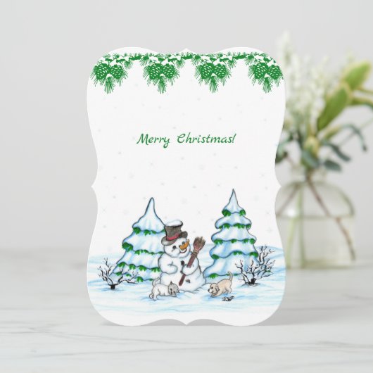 Invitation Joyeux Noël ! Snowman avec chat et chiot (Debout devant)