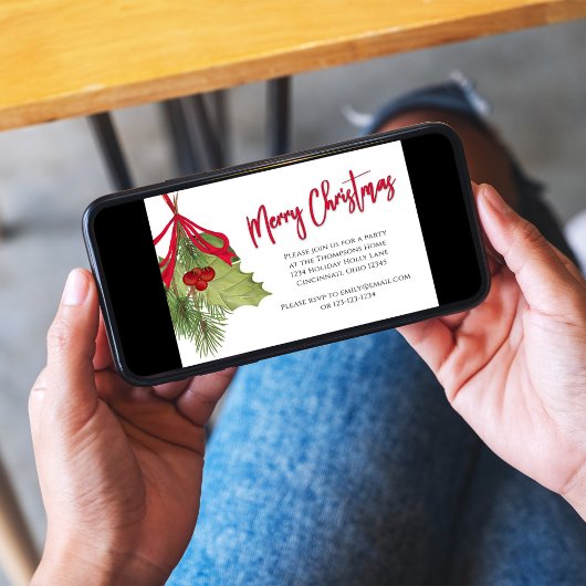 Invitation Joyeux Noël Vacances Rouge Calligraphie QR Code