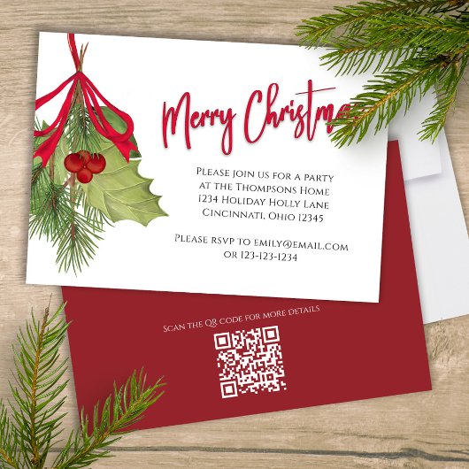 Invitation Joyeux Noël Vacances Rouge Calligraphie QR Code