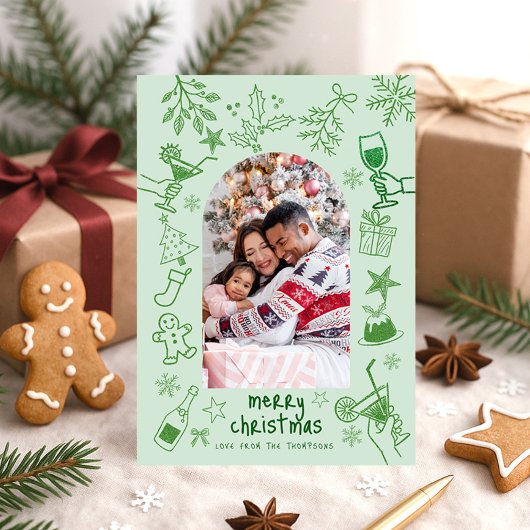 Invitation Joyeux Noël vert pailleté gribouillé à la main