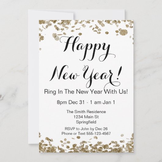 Invitation Joyeux Nouvel An Elegant Or et blanc Confetti (Devant)