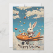 Invitation Joyeux pâques, lapin de pâques volant avec des oeu (Devant)