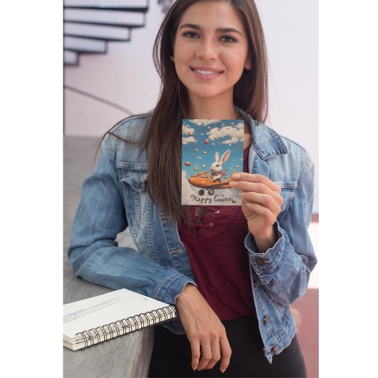 Invitation Joyeux pâques, lapin de pâques volant avec des oeu