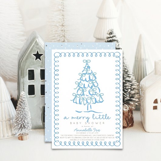 Invitation Joyeux petit Baby shower bleu sapin de Noël