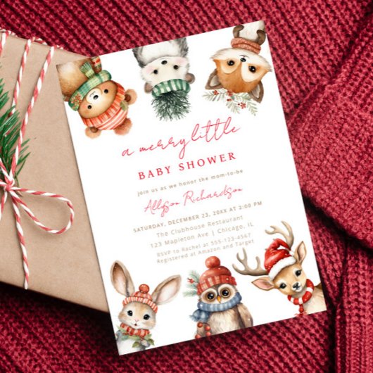 Invitation Joyeux petit baby shower de Noël animal boisé