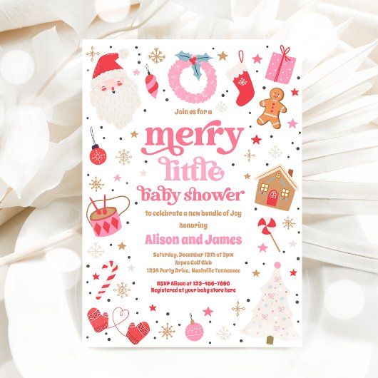 Invitation Joyeux Petit Baby shower De Noël Rouge Et Rose