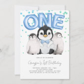 Invitation Joyeux premier anniversaire de petits pingouins mi (Devant)