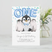 Invitation Joyeux premier anniversaire de petits pingouins mi (Debout devant)