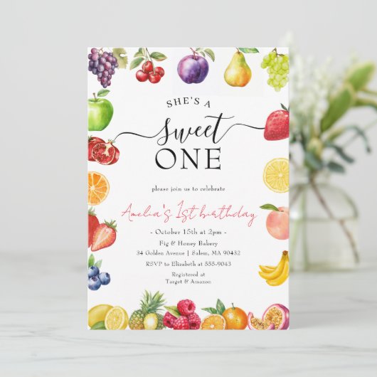 Invitation Joyeux Premier Anniversaire Fille Thème Fruit (Debout devant)