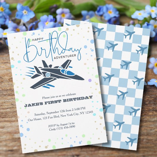 Invitation Joyeux premier anniversaire Jet Fighter Avion Bleu