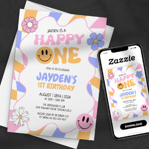 Invitation Joyeux premier anniversaire Y2k Rétro Groovy Souri
