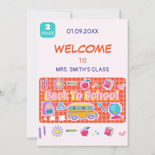 Invitation Joyeux premier jour d'école ! Message de l'enseign (Devant)