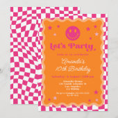 Invitation Joyeux sourire rose et orange À damiers fille anni (Devant / Derrière)
