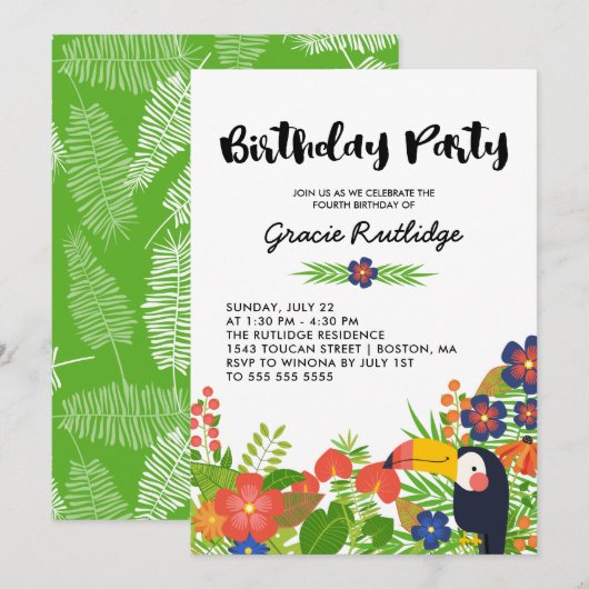 Invitation Joyeux Toucan Tropical Anniversaire de enfant Part (Devant / Derrière)