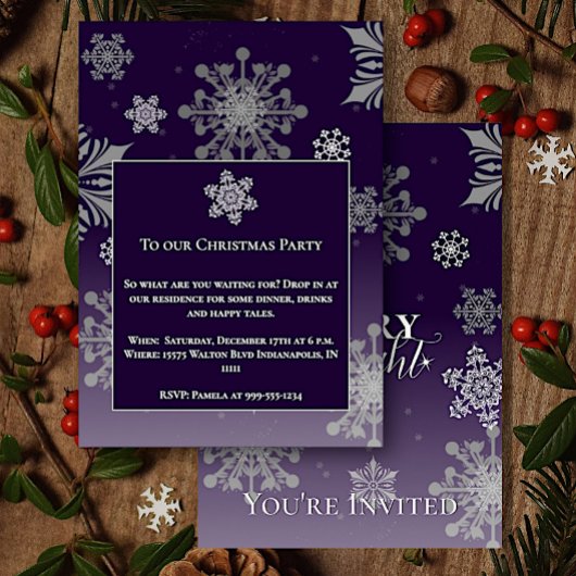 Invitation Joyeux violet et flocons de neige brillants Fête d