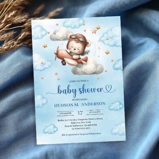 Invitation Joyful airplane teddy bear blue baby shower invite