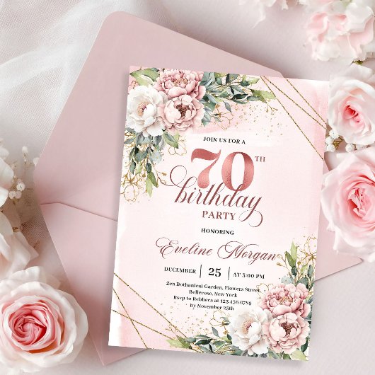 Invitation Joyful Blush Pink Shimmering Floral 70th Birthday