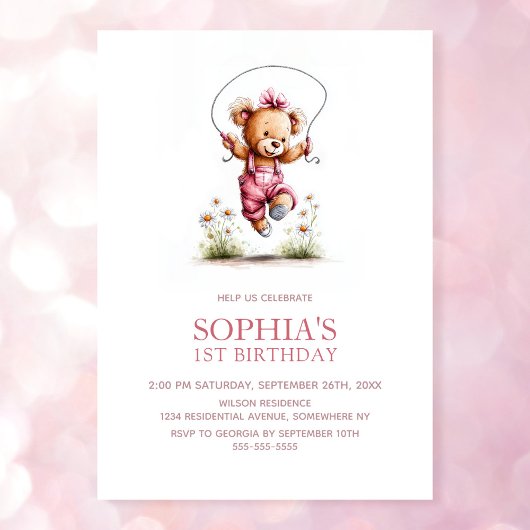 Invitation Joyful Girl Teddy Bear 1st Birthday