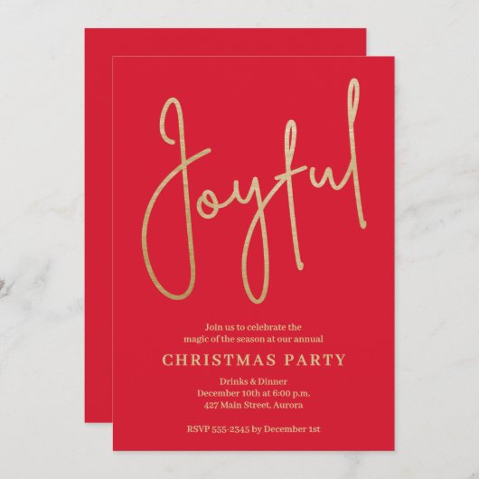 Invitation JOYFUL Gold Faux Foil on Red Christmas Party (Devant / Derrière)