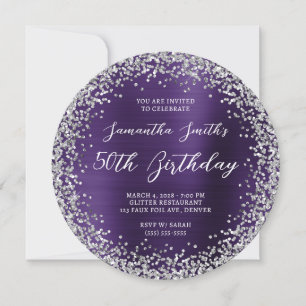 Invitation Jubilé 50 ans Violet Foncé Paillettes Argentées