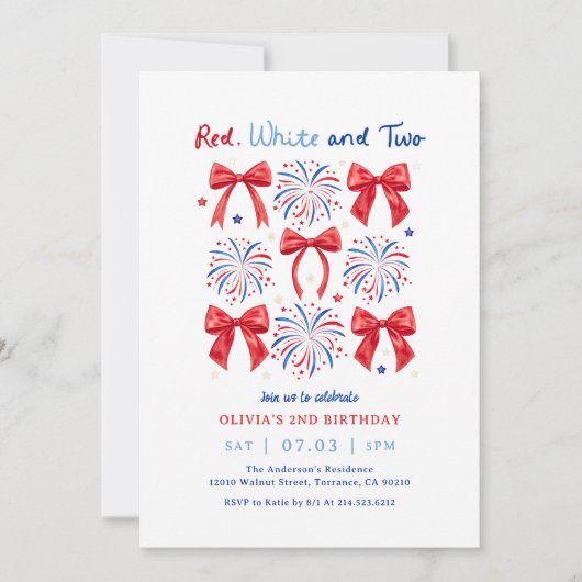 Invitation Juillet Rouge blanc et deux filles 2e fête d'anniv (Devant)