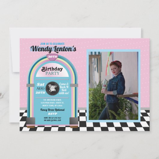 Invitation Jukebox Diner d'anniversaire Cinquante ans Musique (Devant)
