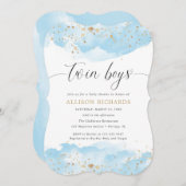 Invitation Jumeau bleu bébé bleu or parties scintillant douch (Devant / Derrière)