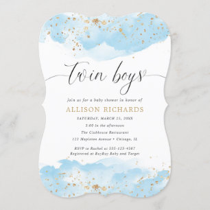 Invitation Jumeau bleu bébé bleu or parties scintillant douch