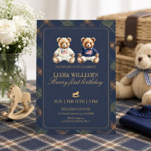 Invitation Jumeau garçon Beary premier anniversaire ours en p