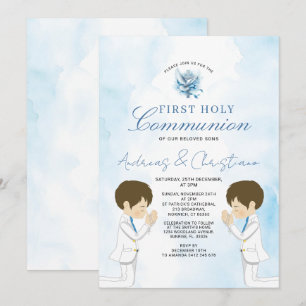 Invitation Jumeau garçon priant 1ère communion Fleurs bleues