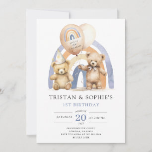 Invitation Jumeaux 1er anniversaire Aquarelle Nounours