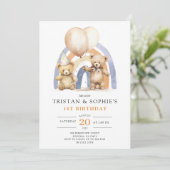 Invitation Jumeaux 1er anniversaire Aquarelle Nounours (Debout devant)