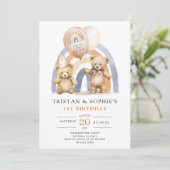 Invitation Jumeaux 1er anniversaire Aquarelle Nounours (Debout devant)
