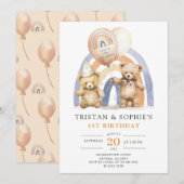 Invitation Jumeaux 1er anniversaire Aquarelle Nounours (Devant / Derrière)