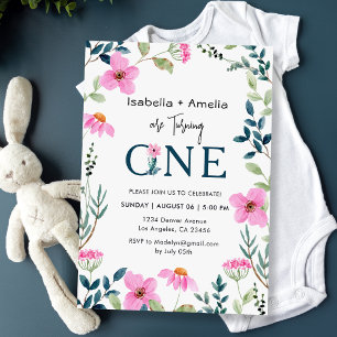 Invitation Jumeaux 1er Anniversaire Fleurs sauvages Thème