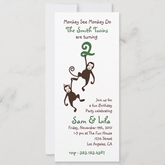 Invitation Jumeaux 2ème anniversaire, singes (Devant)