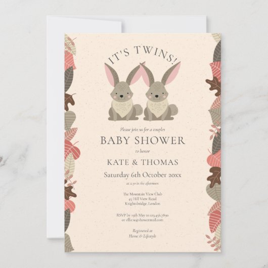 Invitation Jumeaux Animaux de la Forêt Couples Baby Shower (Devant)